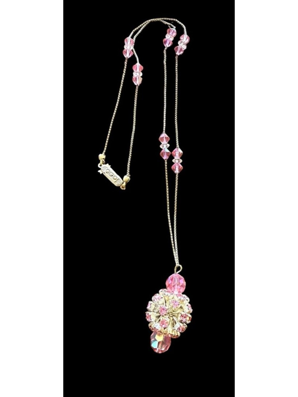 Vintage Silver Tone Pink Crystal Rhinestone Filigree Cluster Station Necklace